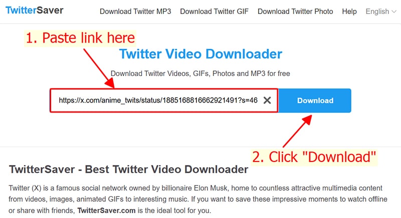paste link into twittersaver